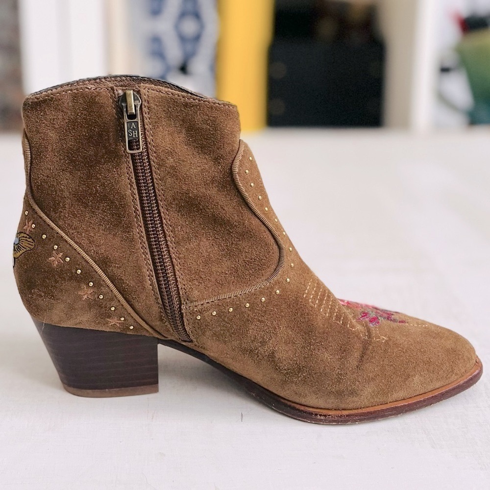 [ASH] Heidi Suede Leather Embroidered Floral + Butterfly Gold Stud Western Boot - Picture 10 of 11